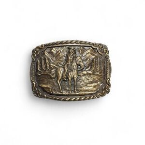 Vintage Metal Western Cowboy Horse Scene Belt Buckle